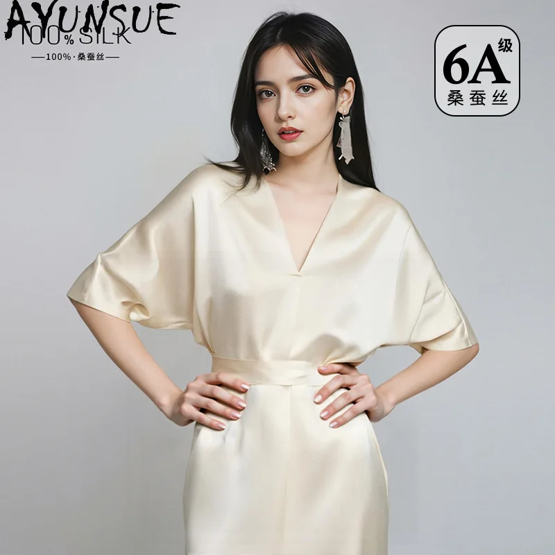 AYUNSUE 100% Silk Night Dresses for Women Luxury Short Sleeve Nightgown Solid Color Pajamas for Women High Quality Pijamas Mujer - AliExpress Women's Sleep & Lounge