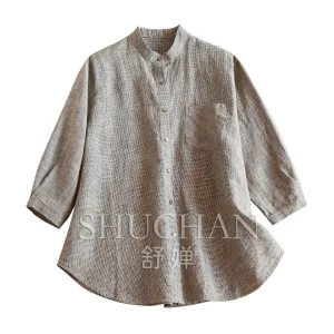 Vintage Lazy Shirt Natural 100% Linen Plaid Loose Silhouette Seven-quarter Sleeve Shirt Women's 02W6 - AliExpress Shirts & Blouses