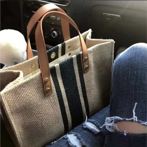 Women Vintage Striped Canvas Tote Bag Leather Handle Large Capacity Casual Shoulder Shopping Bag Daily Commute Travel Handbag - AliExpress Women's Handbags