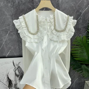 Pure Cotton White irt Women's Heavy Embellied Button up Doll Collar Garment Quali Cotton Long Sve Straight Cut irt - AliExpress Shirts & Blouses