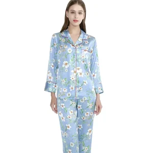 Printed 19MM 100% Mulberry Silk Women's Pajama Set Long Sleeve Top with Pants 2Piece Loungewear Pj Suit Pyjama with Lapel Collar - AliExpress Women's Sleep & Lounge