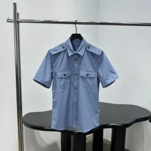 Slimming Blue Cotton Shirt Fashionable Turn-down Collar Short Sleeve Women's Top Vintage Style Commute Wind Loose Fit Pure Color - AliExpress Shirts & Blouses