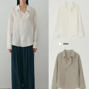 Loose Fit Linen Shirt Women's Spring Summer New Style Collar Asymmetric Design Long Sleeve Top Korean Style Commute Wind - AliExpress Shirts & Blouses