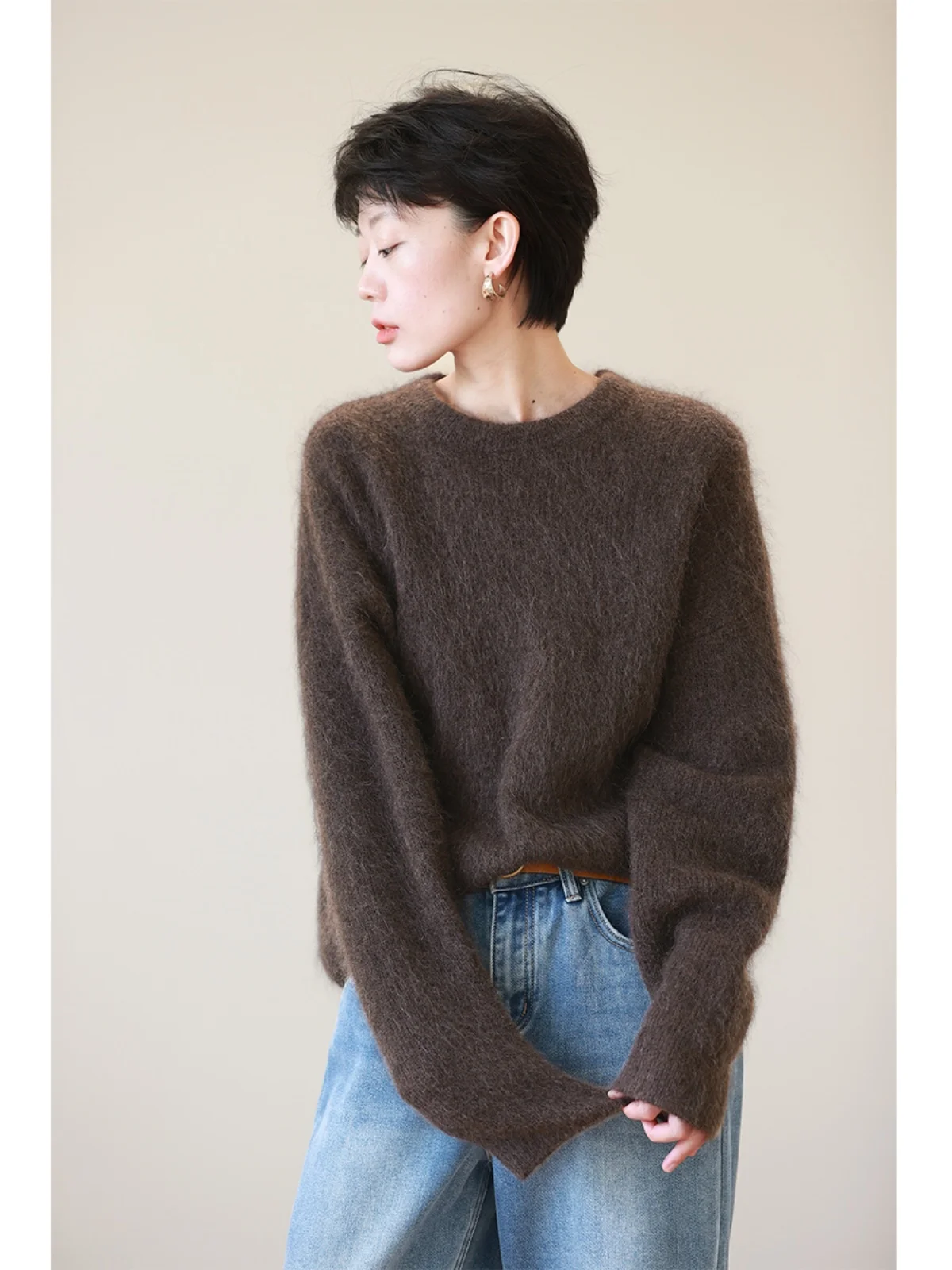 Ladies' round Ne Knitted Sweater Thiened Woolen Camere Loose Fit Retro Brown Coffee Color Winter New Sle Warm Thermal... - AliExpress Sweaters&Jumpers