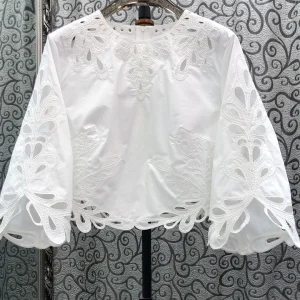 Milan Town Special Offer Elegant Heavy Embroidery Short Sleeve Hollow out Lace up Neckline White Oversized Shirt for Women - AliExpress Shirts & Blouses