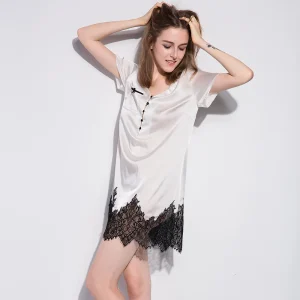 19MM 100% Real Mulberry Silk Sleepshirts Women's Nightgown Sexy Lace Patchwork Pajamas Short Sleeve Nightgown Summer Homewear PJ - AliExpress Women's Sleep & Lounge