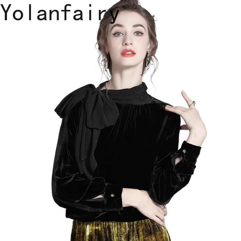 YOLANFAIRY Quality Genuine Silk Velvet Blouses for Woman Autumn Long Sleeve Shirts Scarf Collar Women Basic Top blouse vrouwen - AliExpress Shirts & Blouses