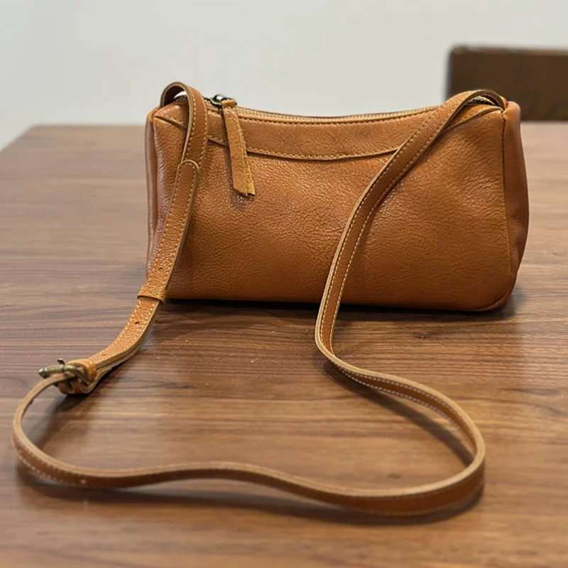 Spring new brownish-yellow top-grain cowhide shoulder crossbody bag genuine leather womens top-grain tanned cowhide small bag - AliExpress Women's Handbags