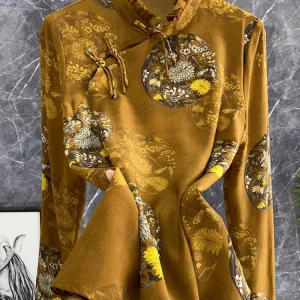 Retro Chinese Sle Silk irt Stand Collar Side Button Floral Print Long Sve Regular Fit Women's Premium Faion Top - AliExpress Shirts & Blouses