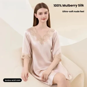 2026 New 100% Mulberry Silk Nightgown Women Summer Thin Short Sleeve Lace Edge Pajamas Elegant Loungewear Outerwear Dress - AliExpress Women's Sleep & Lounge