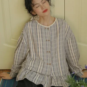 Nesoulum Women's Striped irt Loose Long Sve Spring Artistic Vintage High Low Hem Design Chinese Brand Ladies Faion - AliExpress Shirts & Blouses