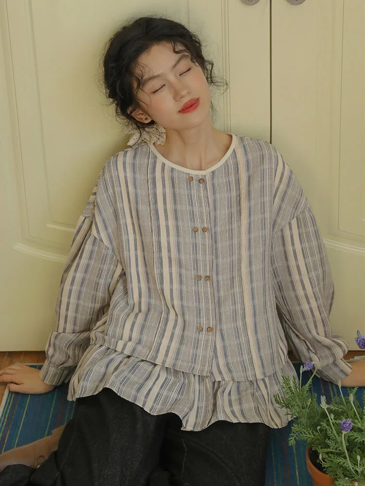 Nesoulum Women's Striped irt Loose Long Sve Spring Artistic Vintage High Low Hem Design Chinese Brand Ladies Faion - AliExpress Shirts & Blouses