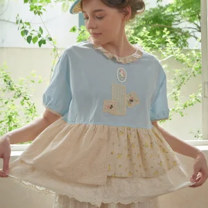 Spring Summer Women Fresh Blue, Hand-Embroidered Floral, Ear-Cuff Collar, Plaid Skirt Hem, Boho Loose Short Sleeve Blouse/Shirts - AliExpress Shirts & Blouses
