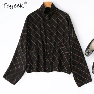 Tcyeek 100% Real Silk Womens Tops 2026 Spring British Style Plaid Stand Collar Batwing Sleeve Shirt Woman Clothes Blusa Feminina - AliExpress Shirts & Blouses