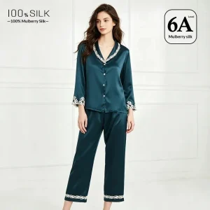 19MM 100% Mulberry Silk Pajama Set Elegant Lapel Lace Trim Women Long Sleeve Top Trousers Outfit Luxury Loungewear Gift For Her - AliExpress Women's Sleep & Lounge