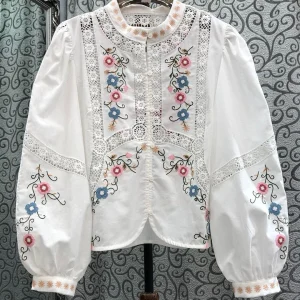 Milan Small Town High Version Artistic Style Retro Floral Embroidery Lace Hollow out Short Shirt Women's Original Design Stra... - AliExpress Shirts & Blouses