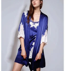 19MM 100% Natural Silk Sexy Lace Twinset Robe Set Solid Color Sleepwear Nightdress Bathrobe Gown Sleep Suit Kimono Home Wear PJS - AliExpress Women's Sleep & Lounge