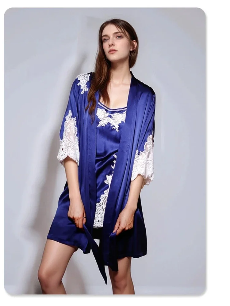 19MM 100% Natural Silk Sexy Lace Twinset Robe Set Solid Color Sleepwear Nightdress Bathrobe Gown Sleep Suit Kimono Home Wear PJS - AliExpress Women's Sleep & Lounge
