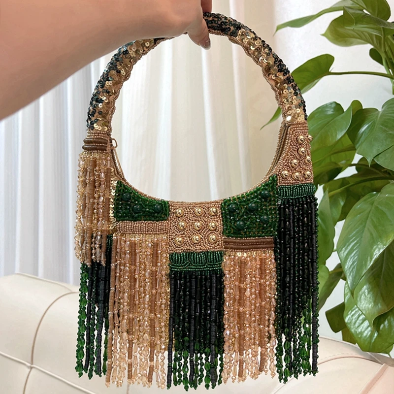 DOYUTIG Brand Indian handmade beaded tassel handbag beaded sequined one-shoulder underarm suede crescent handbag N027 - AliExpress Women's Handbags