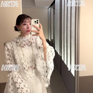 Japanese Heavy Industry Three Dimensional Flower Embroidery Hollow Horn Sleeve Short Top Women Elegant Loose Summer White Shirts - AliExpress Shirts & Blouses