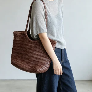 Top-grain vegetable-tanned leather tote bag Spacious French-style niche woven bag Women's handbag - AliExpress Women's Handbags