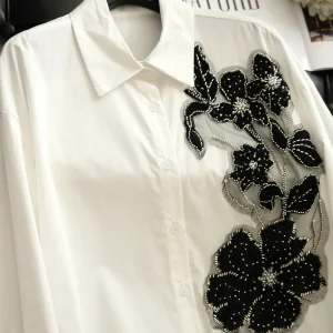 Embroidered Long Sleeve Shirt Women's Premium Cotton Embellished with Heavy Beading Color Block Design Spring Fashion Top - AliExpress Shirts & Blouses