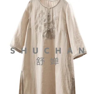 Blouse Women Natural Ramie Nail Bead Embroidery Seven-quarter Sleeve Medium and Long Shirt Women - AliExpress Shirts & Blouses