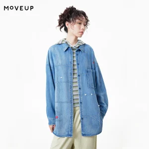 MOVEUP Women's Lyocell Denim Shirt 2026 Autumn Stitch Embroidery Patch Pocket Top Loose Midi Length Casual Lapel Shirt 3ELQ40404 - AliExpress Shirts & Blouses