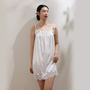 100 Mulberry Silk Nightgown Women Ruffle Neck Lace Trim Cami Dress Tie Shoulder Satin Sleep Dress Loose White Nightwear Homewear - AliExpress Women's Sleep & Lounge