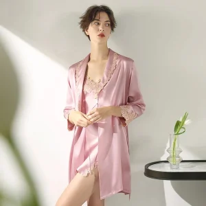 French Style 100% Mulberry Silk Camisole & Robe Set Embroidery Lace Trim Women's Sexy Loungewear Slip Nightgown Kimono Sleepwear - AliExpress Women's Sleep & Lounge