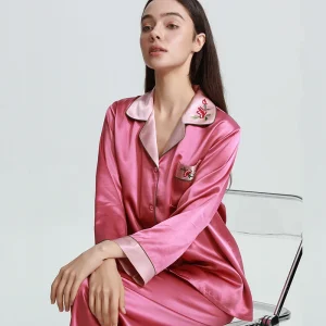 Embroidery 22MM Heavy Silk Piping Pajama Set 100% Mulberry Silk Women's Sleepwear Loungewear Button Up Lapel Top & Pants Pajama - AliExpress Women's Sleep & Lounge