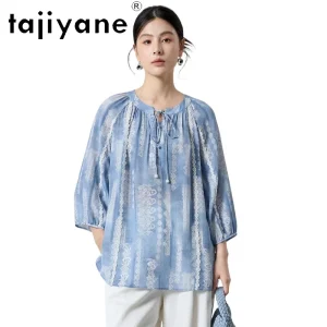 TAJIYANE 15MM 100% Real Mulberry Silk Shirts for Women Elegant Blue Printed Blouse Casual Spring Tops Woman Clothing 2026 자라여성의류 - AliExpress Shirts & Blouses