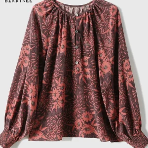 BirdTree-100%Real Silk Elegant Shirt, Long Sleeve Floral Print, Women Temperament Commute Loose Blouse, 2026 Spring New T63136CC - AliExpress Shirts & Blouses