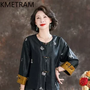 KMETRAM 100% Mulberry Silk Tops for Women 2026 Autumn Retro Embroidery Patchwork Xiangyunsha Long-sleeved Blouses Chemise Femme - AliExpress Shirts & Blouses