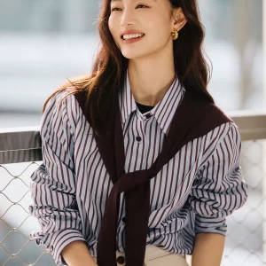Spring 2026 Casual Loose Knitted Long Sve irt Women Commute Simple Striped Collarl Cotton Anti-Wrinkle Faion - AliExpress Shirts & Blouses