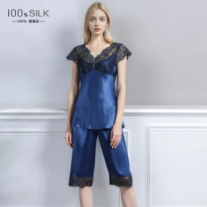 Sheer Lace 19MM Heavy Silk Women Short Pajamas Set Summer 100% Mulberry Silk Short Sleeve Tee Top and Pants 2 Piece Nightwear PJ - AliExpress Women's Sleep & Lounge