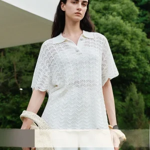 COOBLOOM Hollow out Design Knitted Summer White  Collar Linen ort Sve Women's T-irt Comfortable Breathable Slim Fit - AliExpress Sweaters&Jumpers