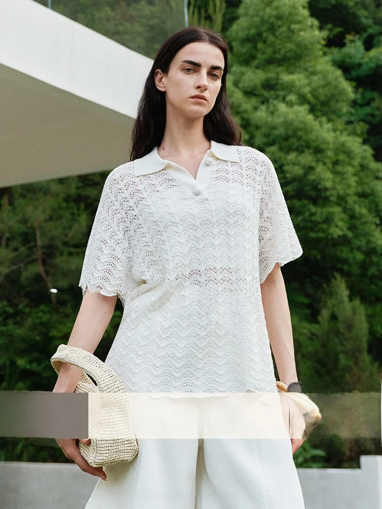 COOBLOOM Hollow out Design Knitted Summer White Collar Linen ort Sve Women's T-irt Comfortable Breathable Slim Fit - AliExpress Sweaters&Jumpers