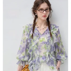 Vega Chang Long Sleeve Shirt Chiffon Women's Summer New Lotus Leaf  Top Casual Loose Fit Breathable Thin Plant Floral Pat... - AliExpress Shirts & Blouses