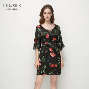 Floral 100% Mulberry Silk Women Nightdress Lace Trim Mini Nightgown Half Sleeve Pijamas Sleepdress Casual Sleepwear Nightgowns - AliExpress Women's Sleep & Lounge