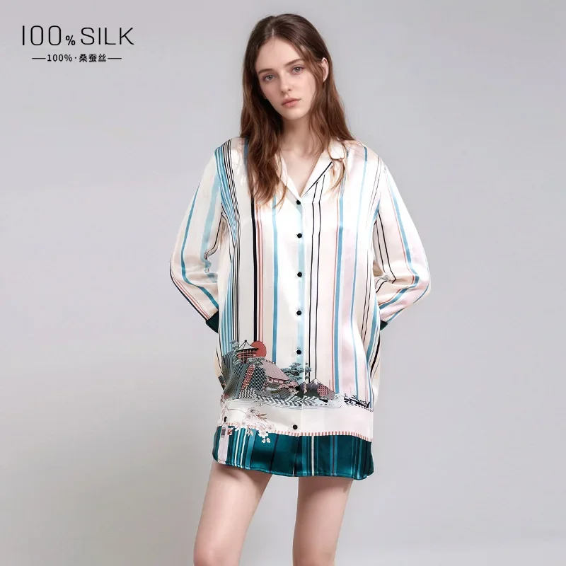 19MM 100% Natural Silk Women's Sexy Pajamas Shirt Nightgown Printed Sleeping Dress Button Down Nightshirt Lapel Sleepshirt Dress - AliExpress Women's Sleep & Lounge