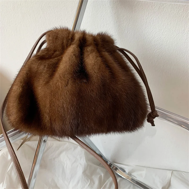 Ladies Real Mink Messenger Bag Ladies Fashion Shoulder Bag Fluffy Mink Fur Drawstring Fur Bag - AliExpress Women's Handbags