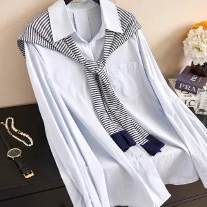 High Intelligence Artistic Women's Long Sleeve Knitted Shirt And Shawl Two-Piece Set Light Blue Autumn Collection 2025 - AliExpress Shirts & Blouses
