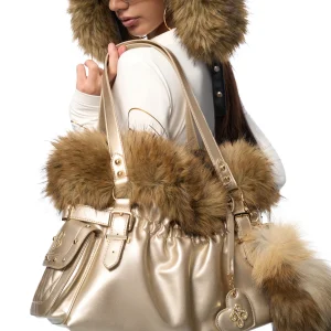 Luxury Brand Women Bag American Retro Real Fur Decoration Large Capacity Patent Leather Glossy Champagne Gold Shoulder Bags Tide - AliExpress Women's Handbags
