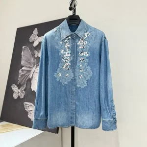 2025 New Autumn Fashion Sequins Lace Embroidery Shirt Long Sleeve Blue Casual Denim Jacket For Women - AliExpress Shirts & Blouses