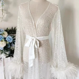Luxury Rhinestone Feather Sequin Robe Floor Length White Bridal Robe with Max Feather Sleeve Beads Shawl Collar Bridal Wedding - AliExpress Women's Sleep & Lounge