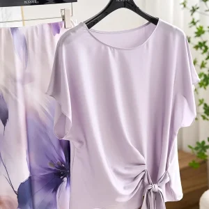 Unique Purple Silk Top with Waist-Cinching Belt Tie Short Sleeve Women's Fashion Straight Cut Commute Style Summer Shirt - AliExpress Shirts & Blouses