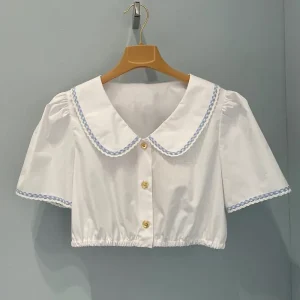 Sweet Embroidered White Short Shirt Waist Cinched Doll Collar Patchwork Miu Style Summer 2024 Women's Fashion Commute Style - AliExpress Shirts & Blouses