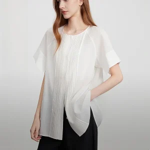 Elle Women's Silk Shirt round Neck Short Sleeve Loose Fit Commute Style Summer New Arrival Elegant Feel Cotton And Silk Blend - AliExpress Shirts & Blouses