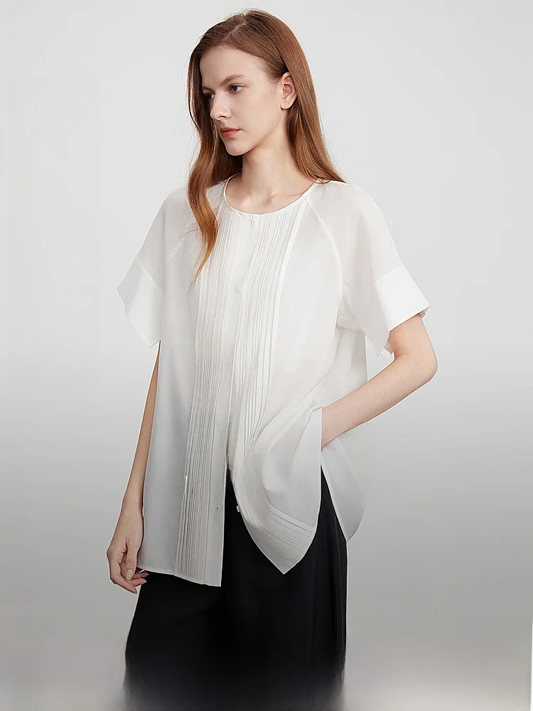 Elle Women's Silk Shirt round Neck Short Sleeve Loose Fit Commute Style Summer New Arrival Elegant Feel Cotton And Silk Blend - AliExpress Shirts & Blouses